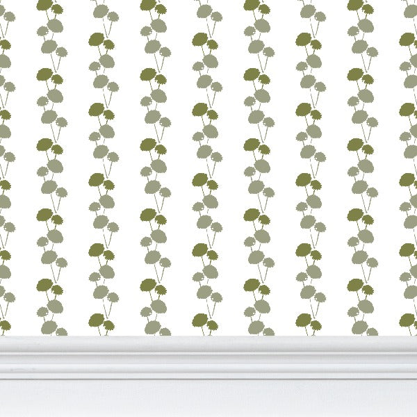 Luxury botanical and floral wallpaper featuring an elegant linear dahlia vine pattern inspired by English gardens, designed for modern traditional interiors, powder rooms, bedrooms, dining spaces, and layered luxury homes. Sustainably printed in England by Truett Designs.