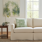 Trees Calm Jade Luxury Pillow by Truett Designs featuring an abstract botanical pattern inspired by oak leaf foliage in calming jade green and soft neutral tones. Handcrafted in England from sustainably printed luxury fabric, this designer decorative pillow brings organic texture, depth, and sophisticated color to sofas, beds, accent chairs, and window seats. A versatile accent for traditional, transitional, and modern interiors, ideal for interior designers seeking luxury throw pillows, artisan-crafted tex